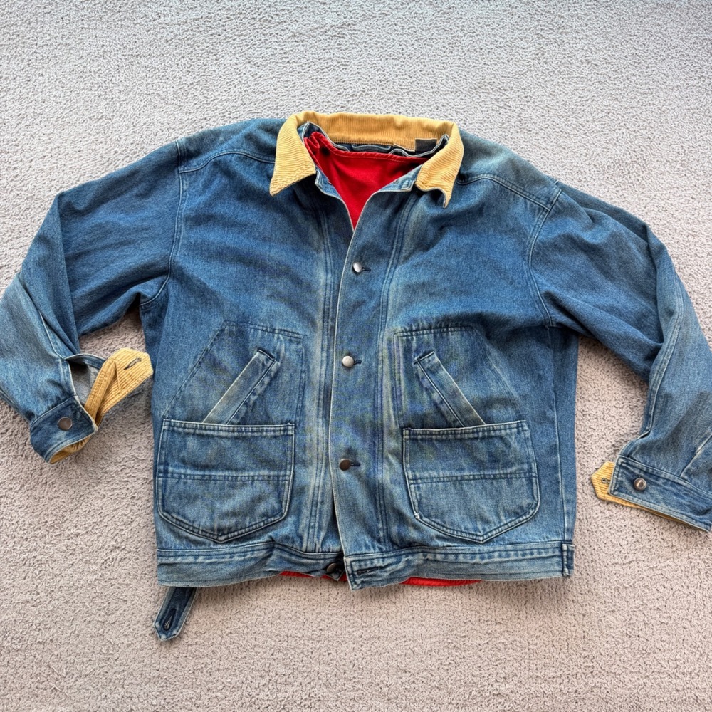 Vintage Austin Reed Denim Barn Jacket Men L Blue Corduroy Collar Wool Liner 90s